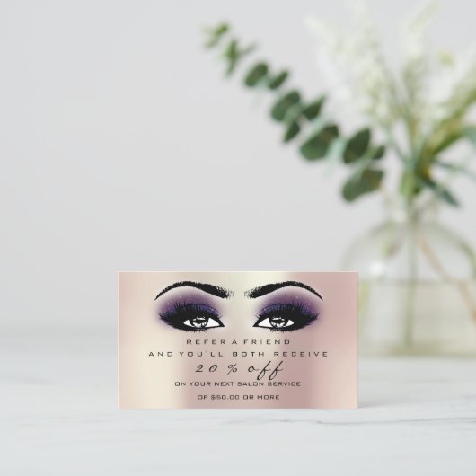 Salon Referral Kaart Makeup Roos Roze Violet Lashe (Staand voorkant)
