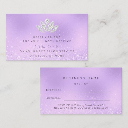 Salon Referral Kaart Paars Lavender Glitter Lotus3 (Voorkant / Achterkant)