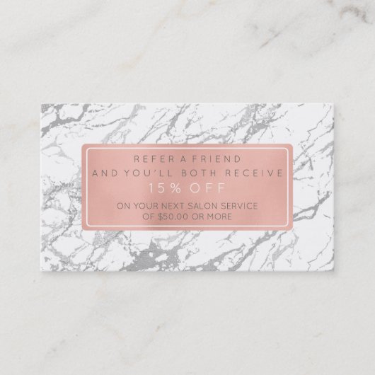 Salon Referral Kaart Pink Gold Roos White Marble (Voorkant)