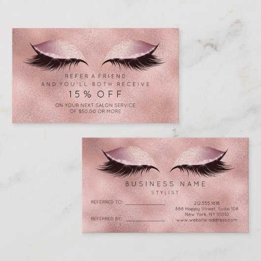 Salon Referral Kaart Roze Rose Makeup Lashes (Voorkant / Achterkant)
