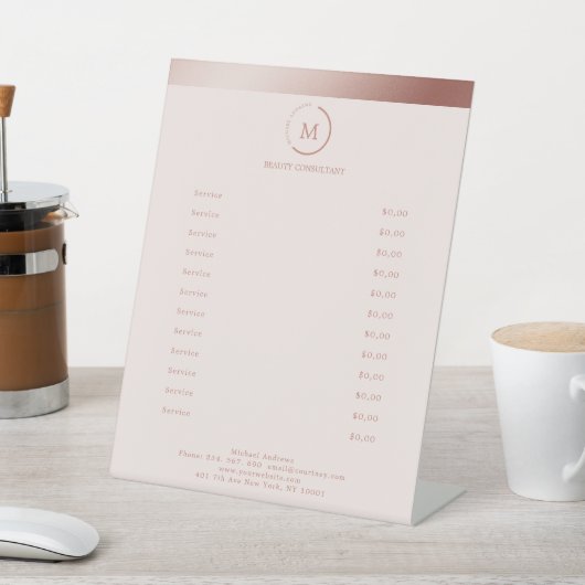 Salon Rosegold Brown Stripe Monogramm Circle Reclamebord Met Voetstuk (Insitu)