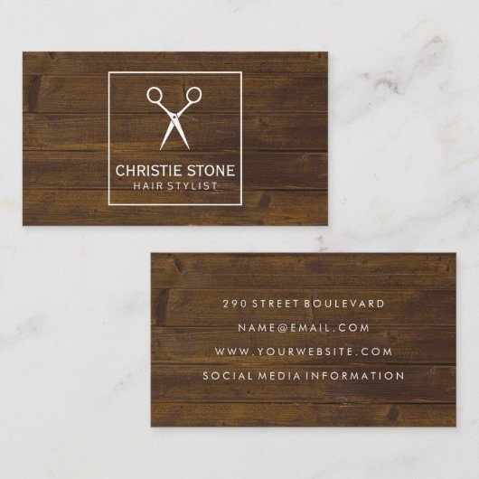 Salon scheert rustieke houten witte doos visitekaartje (Voorkant / Achterkant)