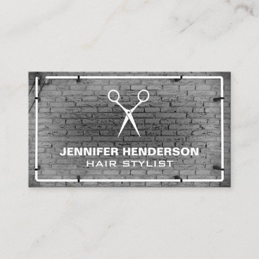 Salon Scissors | Brick Wall Neon Lichten Visitekaartje (Voorkant)
