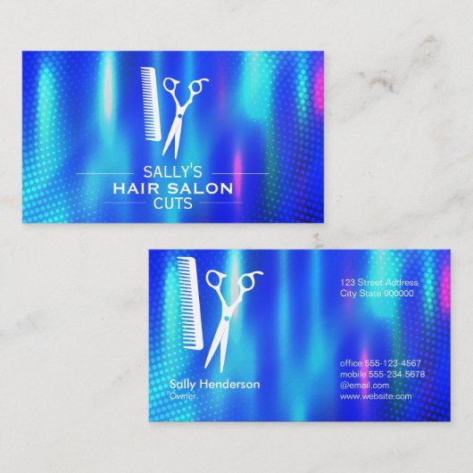 Salon Scissors en Comb Logo | Blauw metaal Visitekaartje (Voorkant / Achterkant)