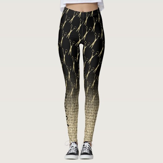 Salon Scissors Gold Glitter Gradient Monogram Leggings (Voorkant)