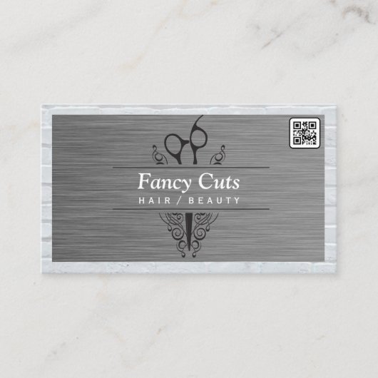 Salon Scissors | Staal en baksteen | QR-code Visitekaartje (Voorkant)