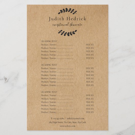 Salon Servicemenu met Laurieregroene Kraft Look Flyer (Voorkant)