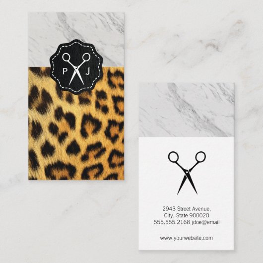 Salon Shears Monogram Marble Trim Cheetah Visitekaartje (Voorkant / Achterkant)