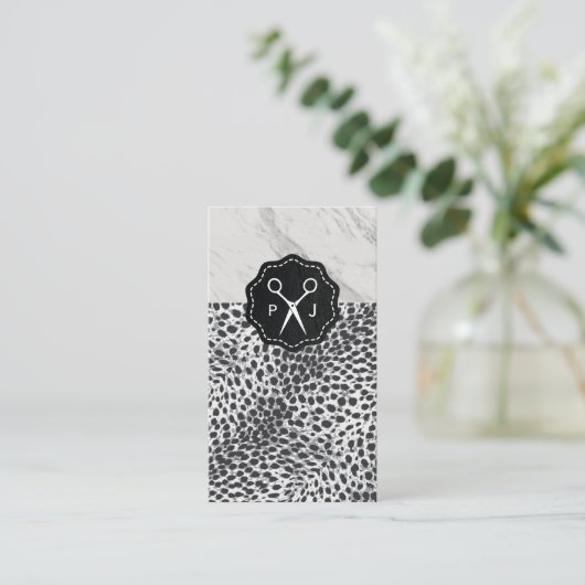 Salon Shears Monogram Marble Trim Leopard Visitekaartje (Staand voorkant)