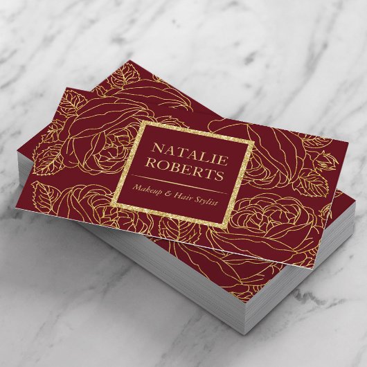 Salon & Spa Burgundy Red & Gold Floral Pattern Visitekaartje