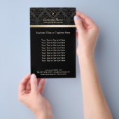 Salon SPA Damask Monogram Elegant Black & Gold Flyer (Hand)