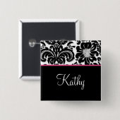 Salon Spa Damask Name Tag Button Brooch roze (Voorkant /achterkant)