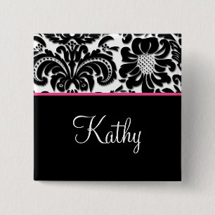 Salon Spa Damask Name Tag Button Brooch roze