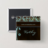 Salon Spa Name Tag Button Brooch damask blue (Voorkant /achterkant)