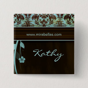 Salon Spa Name Tag Button Brooch damask blue