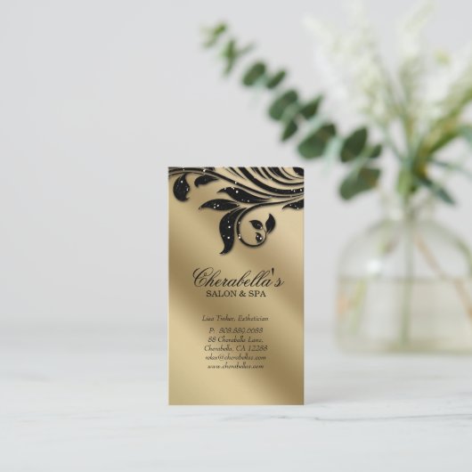 Salon Visitekaartje Elegant Black Gold Afsprakenkaartje (Staand voorkant)