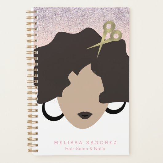 Salon Vrouw Bruin Haar Nep Goud Glitter Schoonheid Planner (Voorkant)