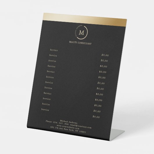 Salon Zwart Goud Streep Monogram Cirkel Reclamebord Met Voetstuk (Voorkant)