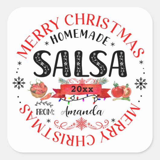 Salsa Zelfgemaakt Prettig Kerstmis Naam Potdeksel Vierkante Sticker (Voorkant)