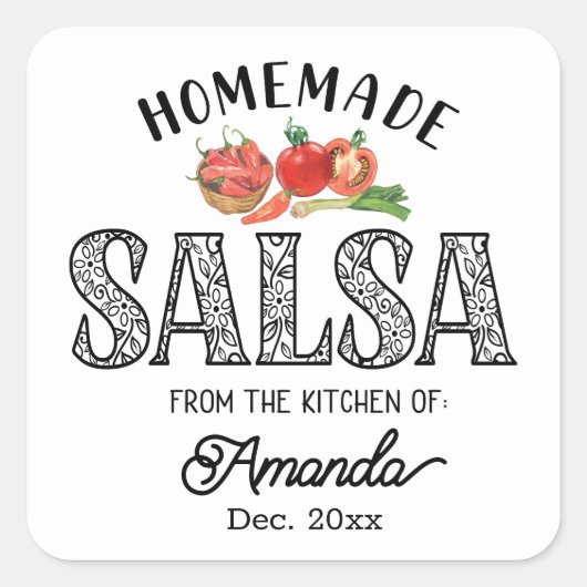 Salsa Zelfgemaakt Uit de Keuken van Naam Potdeksel Vierkante Sticker (Voorkant)