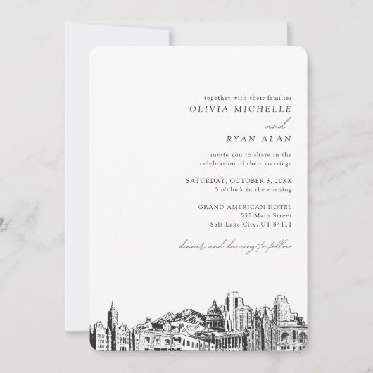 Salt Lake City Bruiloft Elegante Skyline uitnodigi Kaart (Voorkant)