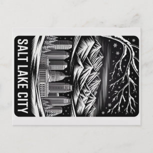 Salt Lake City Silhouette Zwart en Wit Houtsnede  Briefkaart