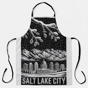 Salt Lake City Silhouette Zwart en Wit Houtsnede Schort