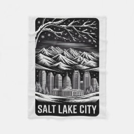 Salt Lake City Skyline Black and White Woodcut  Fleece Deken