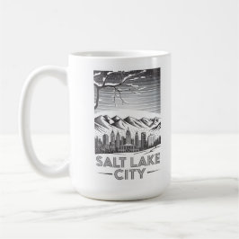 Salt Lake City Skyline Black and White Woodcut  Koffiemok