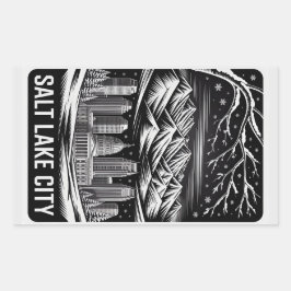 Salt Lake City Skyline Black and White Woodcut  Rechthoekige Sticker