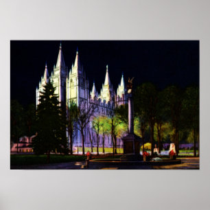 Salt Lake City Utah Mormon Temple bij nacht Poster