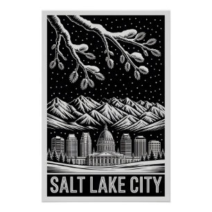Salt Lake City Utah Silhouette Zwart Wit Houtsnede Perfect Poster