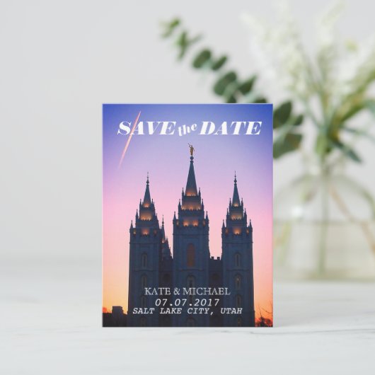 Salt Lake City, Utah Temple Bruiloft Save the Date Aankondigingskaart (Staand voorkant)