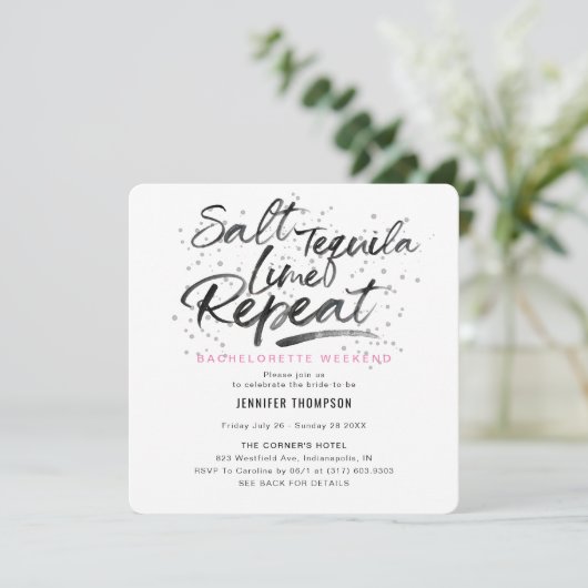 Salt Tequila Limoen Repeat Bachelorette Party Kaart (Staand voorkant)