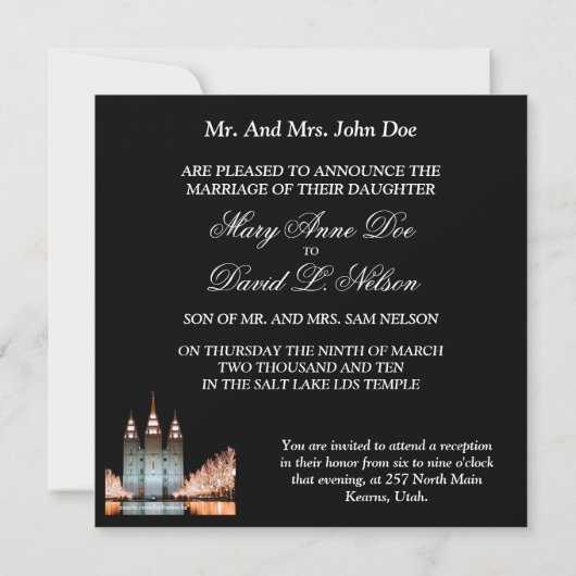 SaltLakeTemple-InvitationToWeddingReception Kaart (Achterkant)
