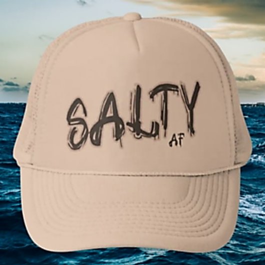 "Salty AF" logo Sandy Beach Trucker Pet