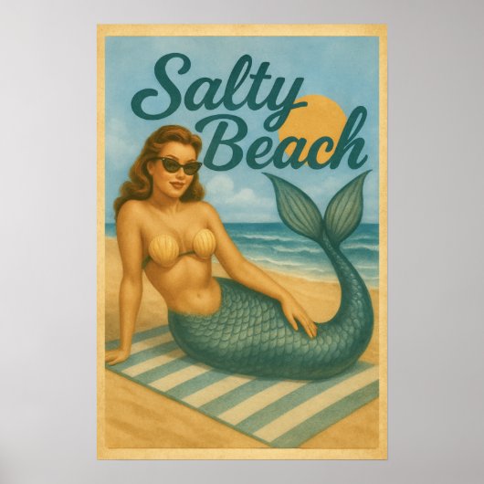 Salty Beach Pin-Up Mermaid -Retro Coastal Life Art Poster (Voorkant)