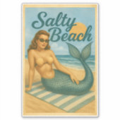 Salty Beach Pin-Up Mermaid -Retro Coastal Life Art Sticker (Voorkant)
