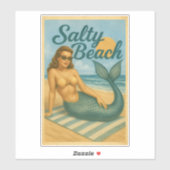 Salty Beach Pin-Up Mermaid -Retro Coastal Life Art Sticker (Vel)