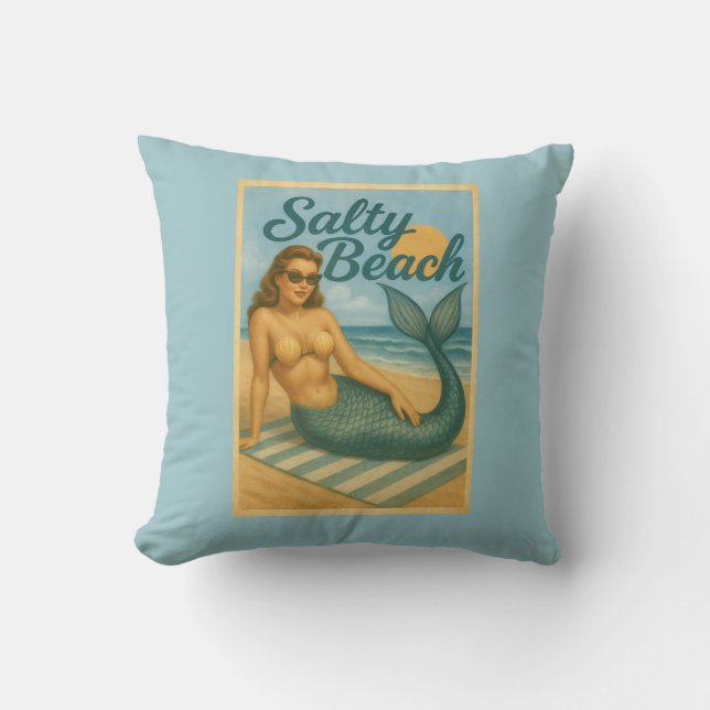 Salty Beach Retro Pin-Up Mermaid Art Coastal Decor Kussen (Voorkant)