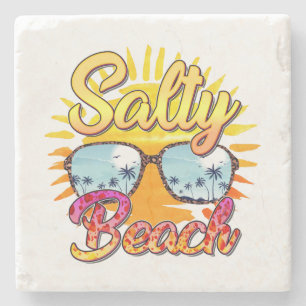 Salty Beach   Tropische zon en palmboom Stenen Onderzetter