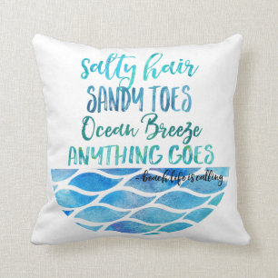 Salty Hair Sandy Toes Ocean Beach Quote Pillow Kussen