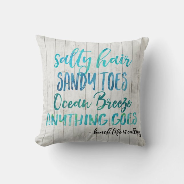 Salty Hair Sandy Toes Ocean Beach Quote Pillow Kussen (Voorkant)