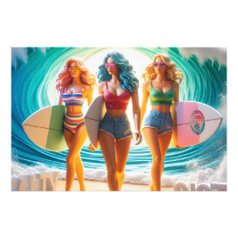 Salty Sisterhood Trio Meisjes Strandwandeling Surf Foto Afdruk