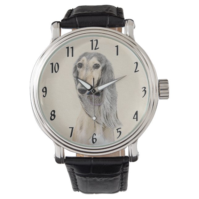 Saluki (Fawn) schilderen - Kute Original Dog Art Horloge (Voorkant)