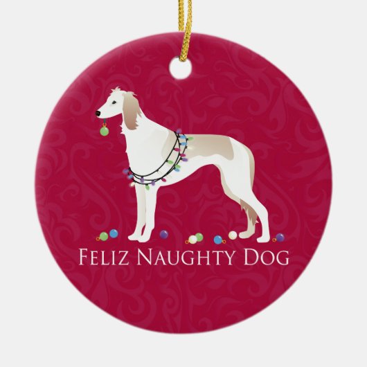 Saluki Feliz Naughty Dog-kerstontwerp Keramisch Ornament (Voorkant)