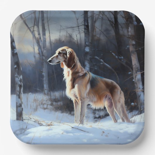 Saluki liet het sneeuwen Kerstmis Papieren Bordje (Voorkant)