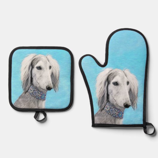 Saluki Schilderij Zilveren Veren Originele Hond Ar Ovenwant & Pannenlap Set (Voorkant)