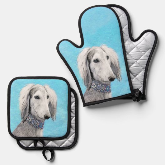 Saluki Schilderij Zilveren Veren Originele Hond Ar Ovenwant & Pannenlap Set (Voorkant / Achterkant)