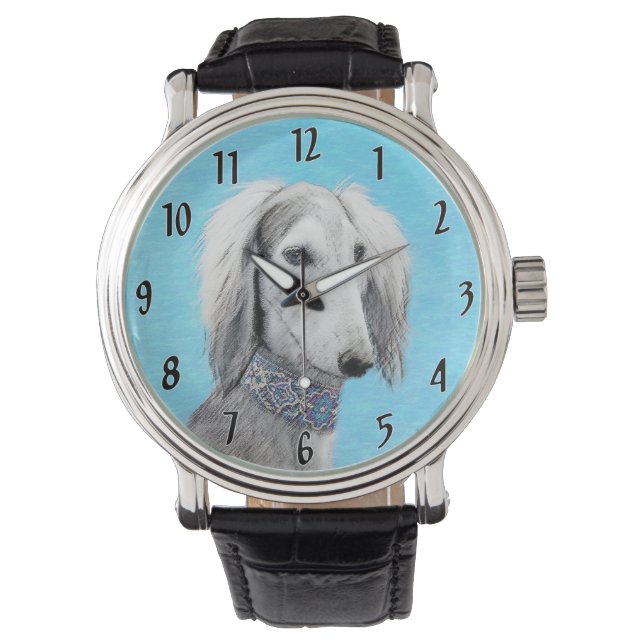 Saluki (zilver) schilderen - Kute Original Dog Art Horloge (Voorkant)